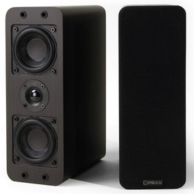 Micca OoO front view in dark walnut showing compact cabinet and speaker grille, enhances small-room sound