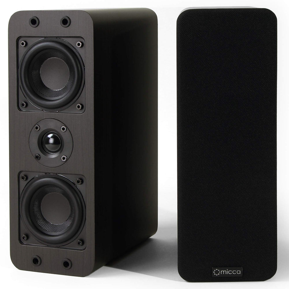 Micca OoO front view in dark walnut showing compact cabinet and speaker grille, enhances small-room sound