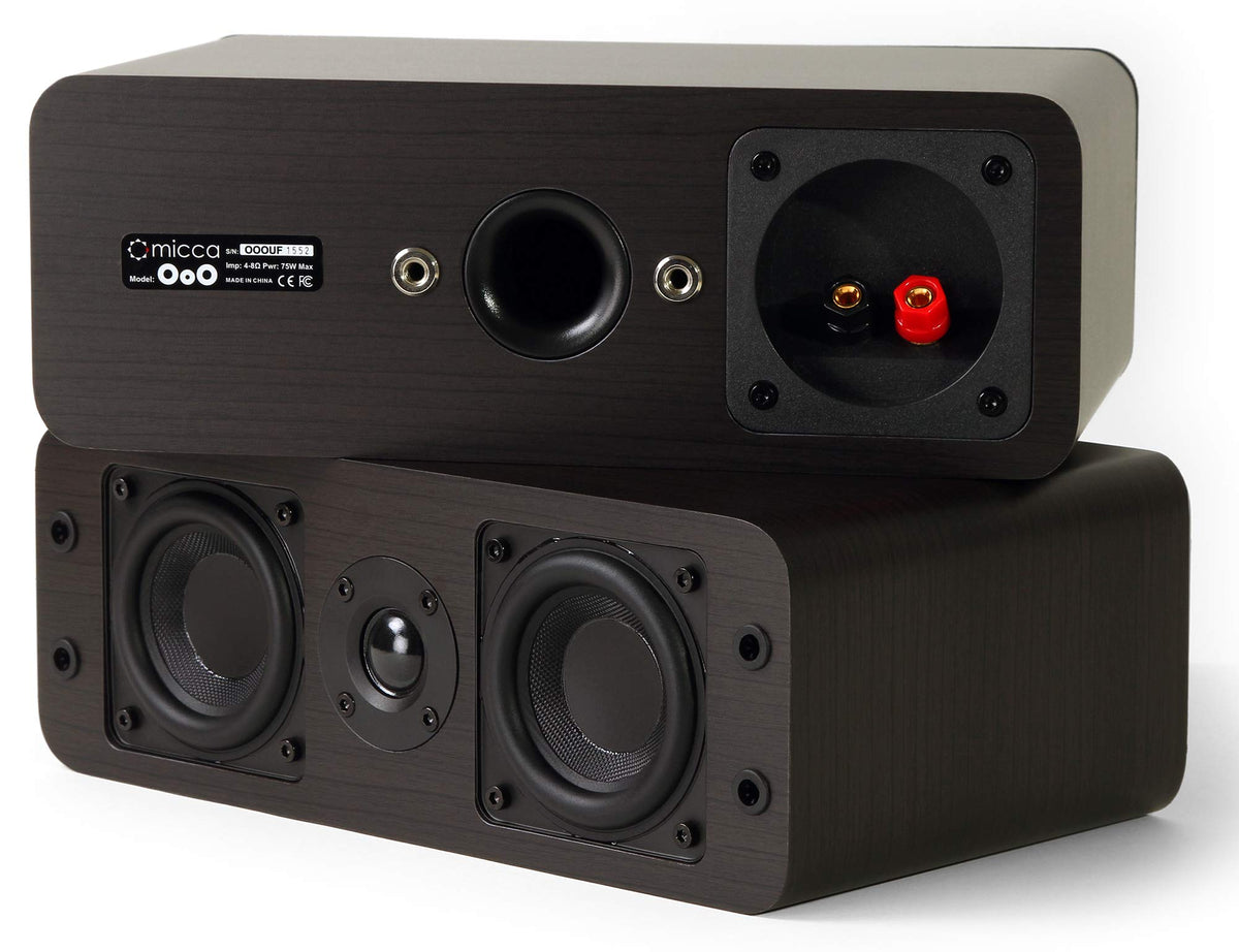 Micca OoO pair on desk in stereo setup, provides immersive listening for desktop or small living rooms