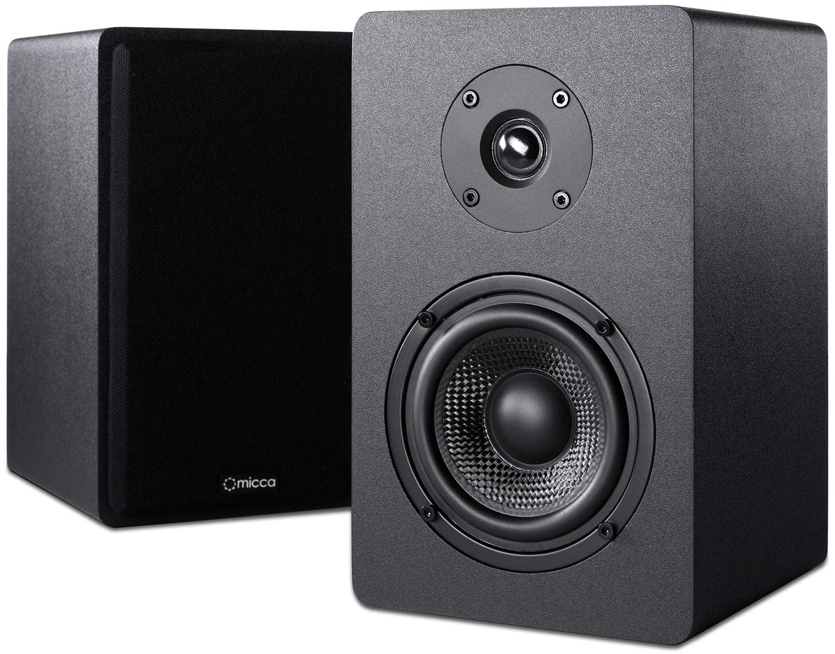 Micca PB42X front view, compact bookshelf design for desktop listening.