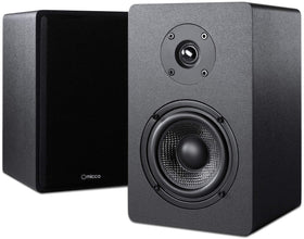 Micca PB42X front view, compact bookshelf design for desktop listening.