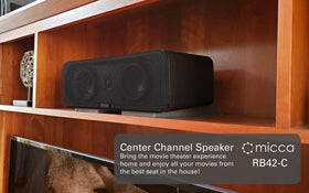 Micca RB42-C side view shows slim profile for versatile home theater placement.