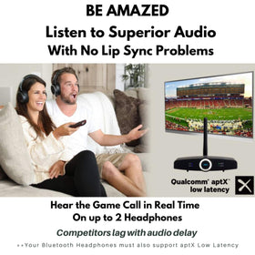 miccus Home RTX 2.0 connected to TV and soundbar enabling wireless headphones for movies
