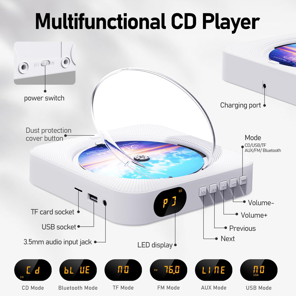 MICOCIOUS open CD compartment protecting discs and enabling playback