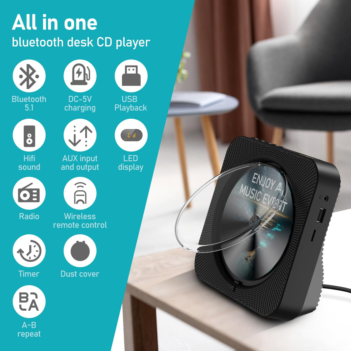 MICOCIOUS CD Player compact desktop design fits small spaces