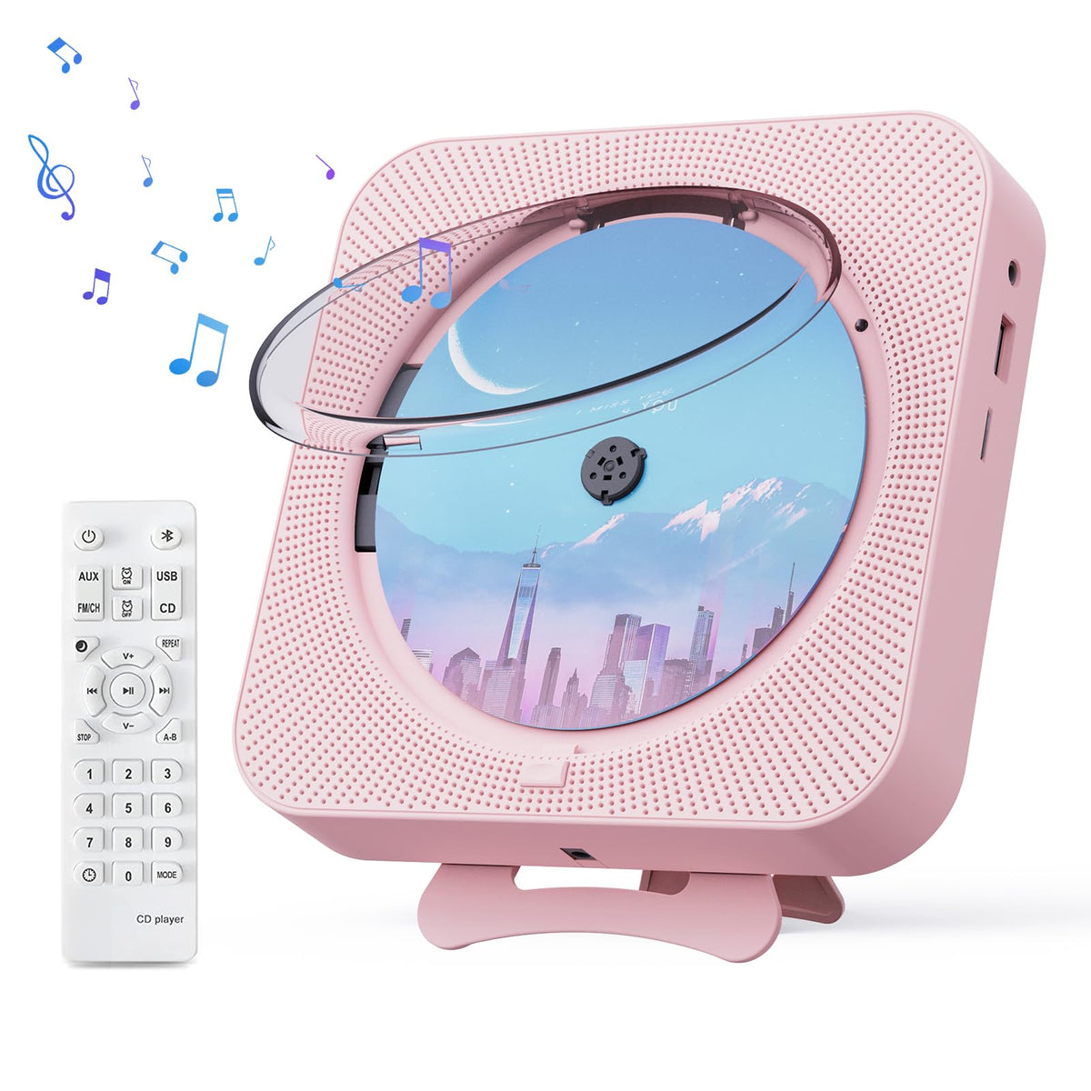 MICOCIOUS front view showing pink boombox and controls, clear playback benefits