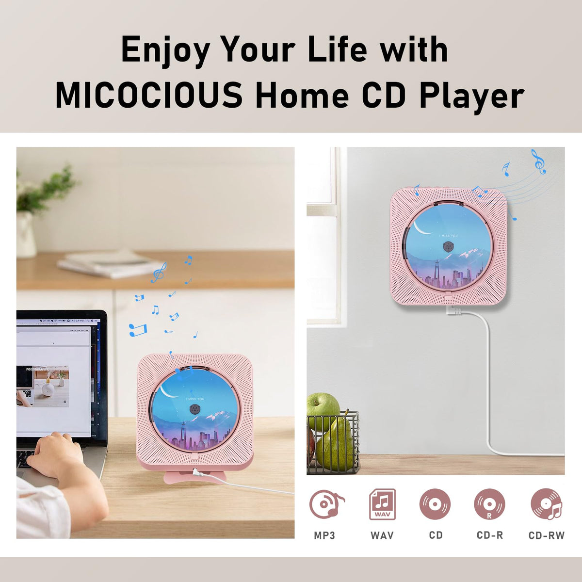 MICOCIOUS on bedside table in pink bedroom, compact audio for small spaces