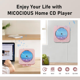 MICOCIOUS on bedside table in pink bedroom, compact audio for small spaces
