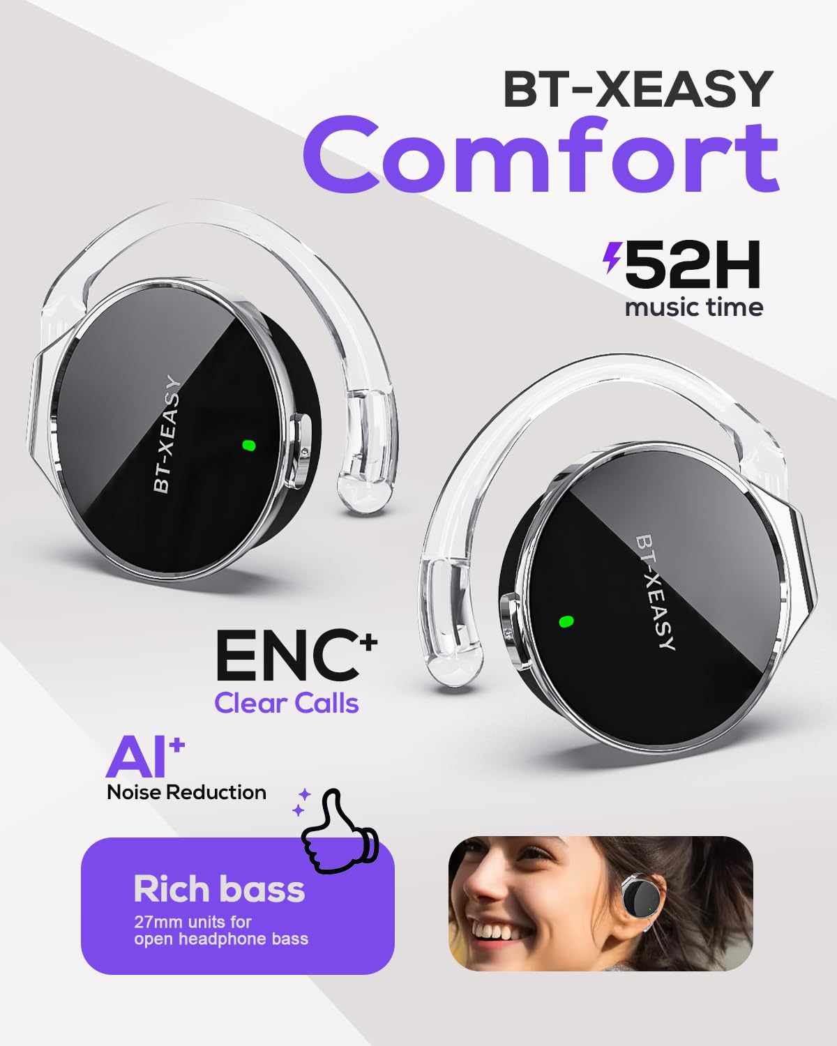Micool side profile on-ear ready to wear illustrating lightweight, non-restrictive fit
