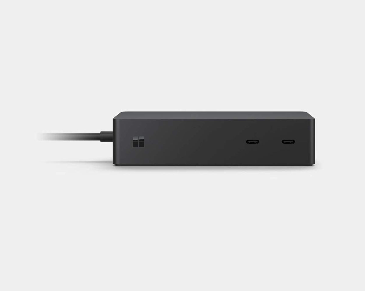 Microsoft Surface Dock 2 charging setup shows easy Surface Connect charging during multitasking.