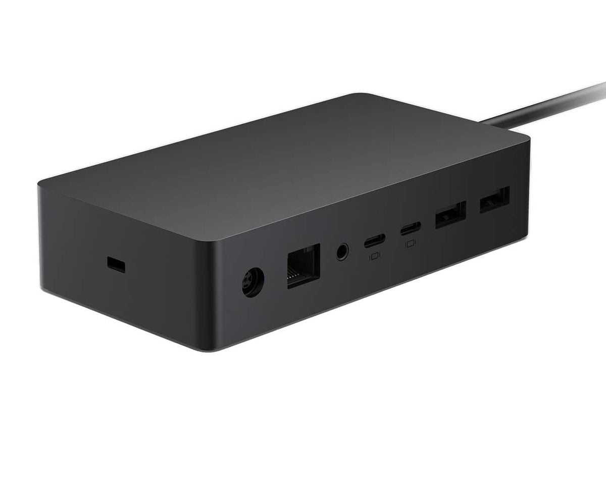 Microsoft Surface Dock 2 front view showcases a sleek dock for organized desktop setups.