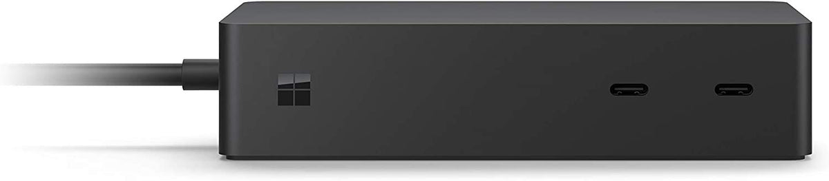 Microsoft Surface Dock 2 Renewed rear ports support peripherals, Ethernet, and audio.