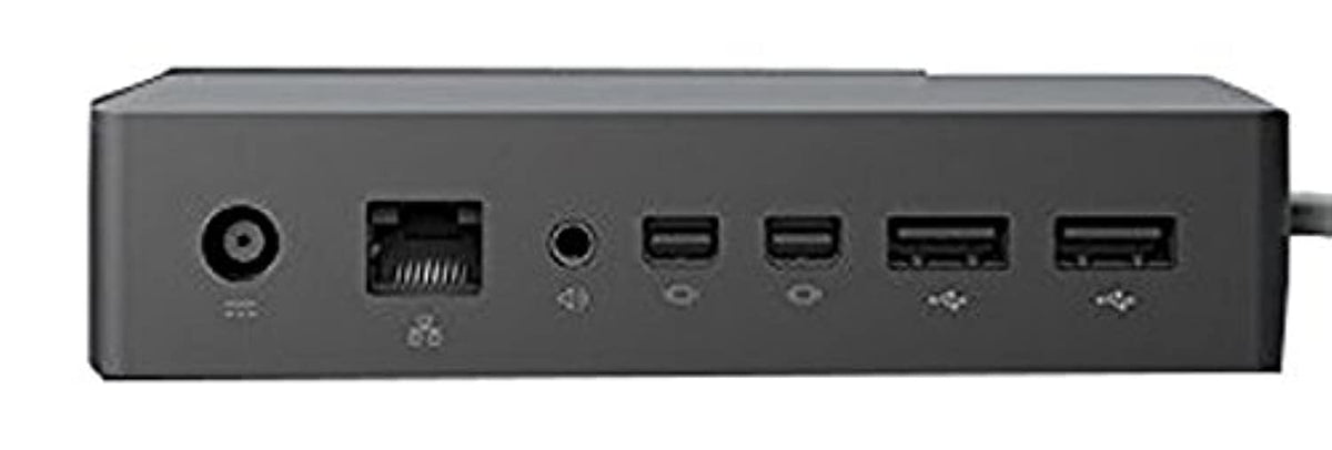 Microsoft Surface Dock front view showing the sleek black chassis for a desktop-style setup.