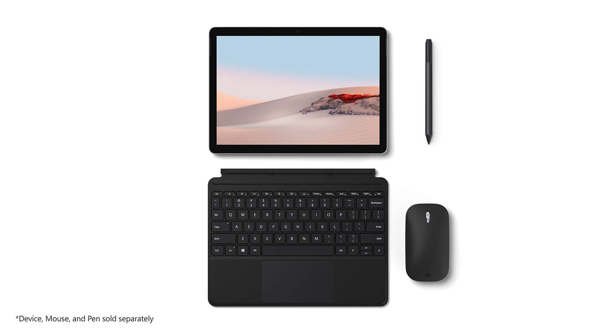 Microsoft Surface Go Type Cover closeup of backlit keys and texture for accurate typing in low light