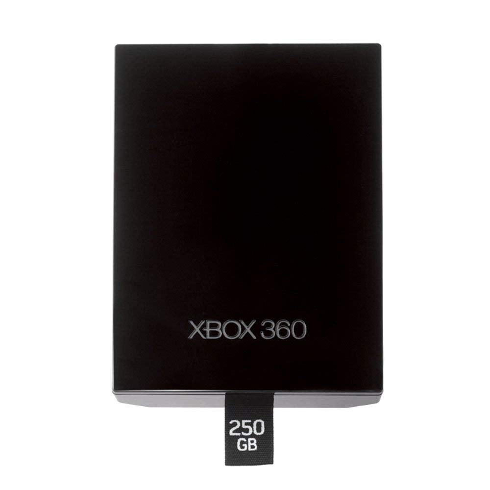 Microsoft Xbox 360 250GB hard drive next to ruler and label indicating capacity and scale
