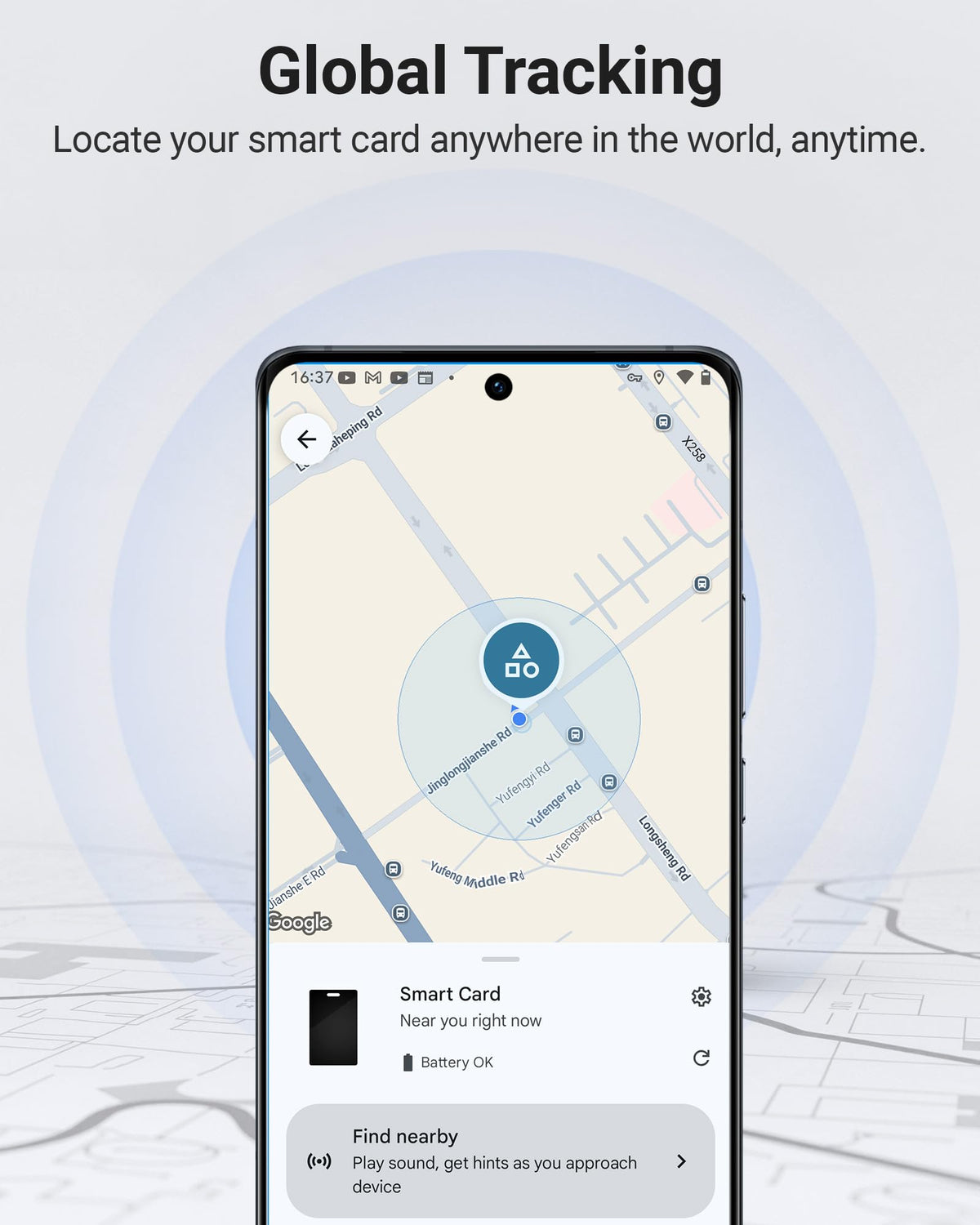 Middle Rabbit Android Wallet Tracker Card tucked inside a slim wallet for discreet location aid.