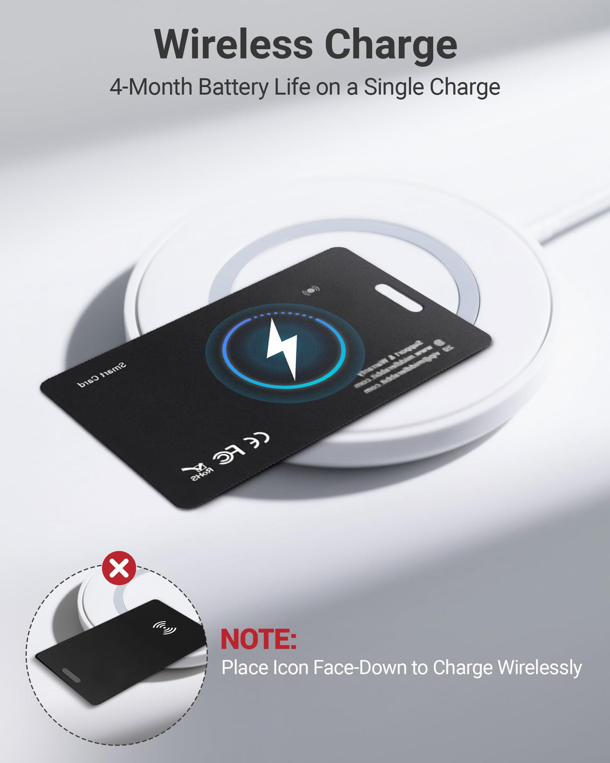 Middle Rabbit Android Wallet Tracker Card resting on a wireless charger for effortless recharge.