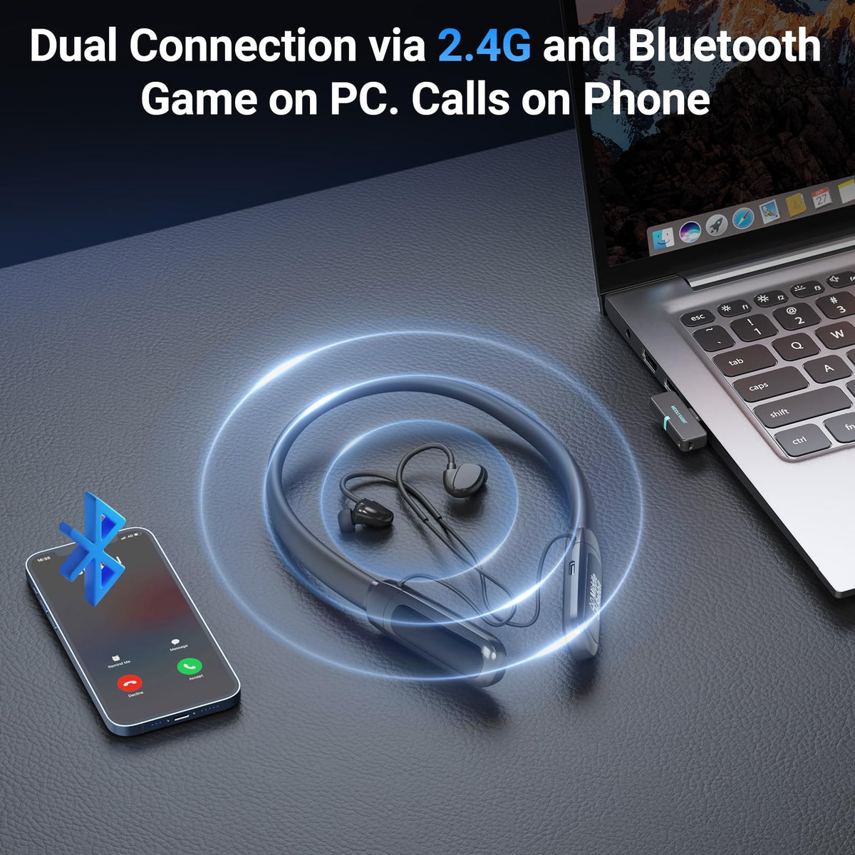 Middle Rabbit USB dongle beside charging port illustrating low-latency connection benefit
