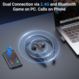 Middle Rabbit USB dongle beside charging port illustrating low-latency connection benefit