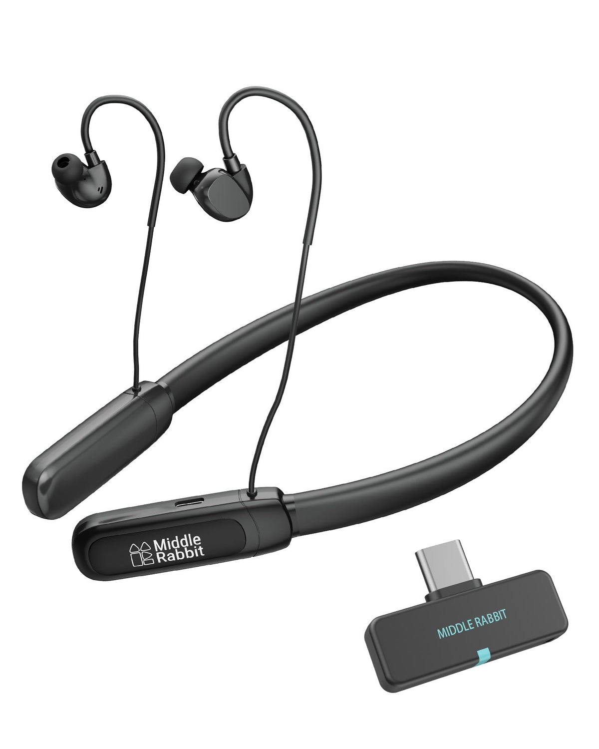 Middle Rabbit front packaging showing earbuds and dongle for quick identification and unboxing benefit