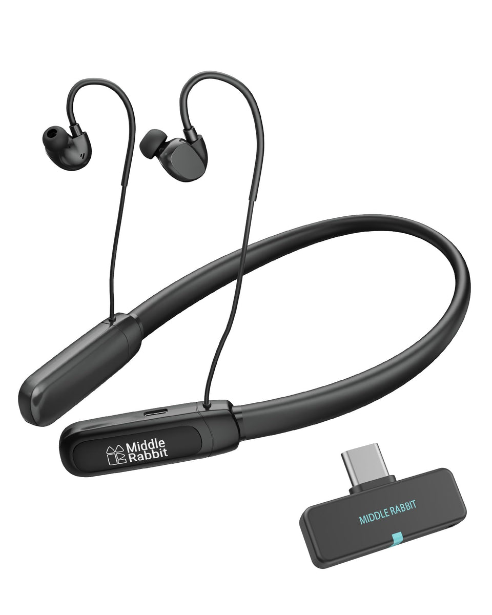 Middle Rabbit front packaging showing earbuds and dongle for quick identification and unboxing benefit