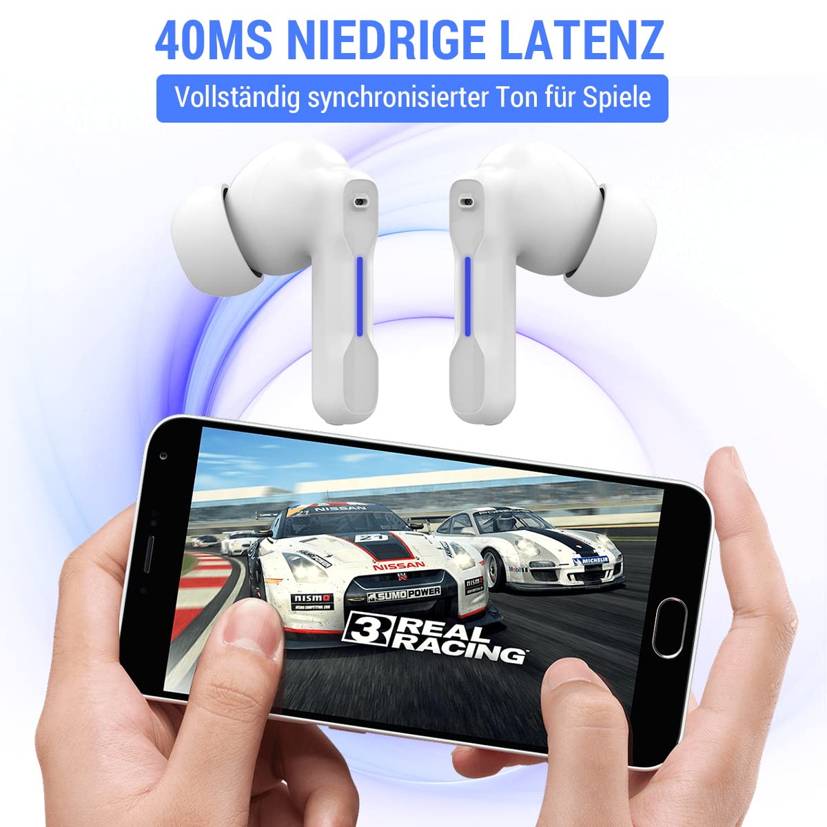 Middle Rabbit accessories with earbuds and scale indicating compact, travel-friendly size