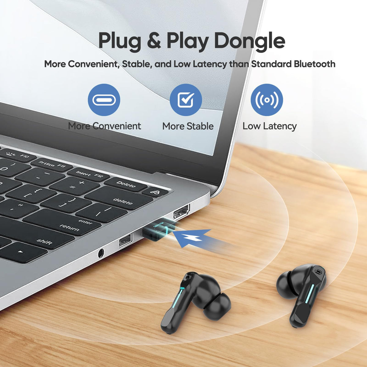 Middle Rabbit dongle beside open charging case demonstrating plug-and-play benefit