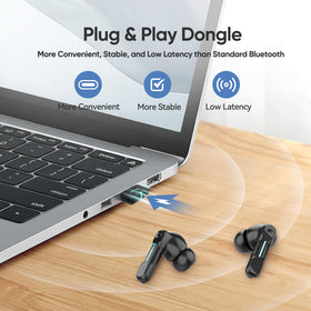 Middle Rabbit dongle beside open charging case demonstrating plug-and-play benefit