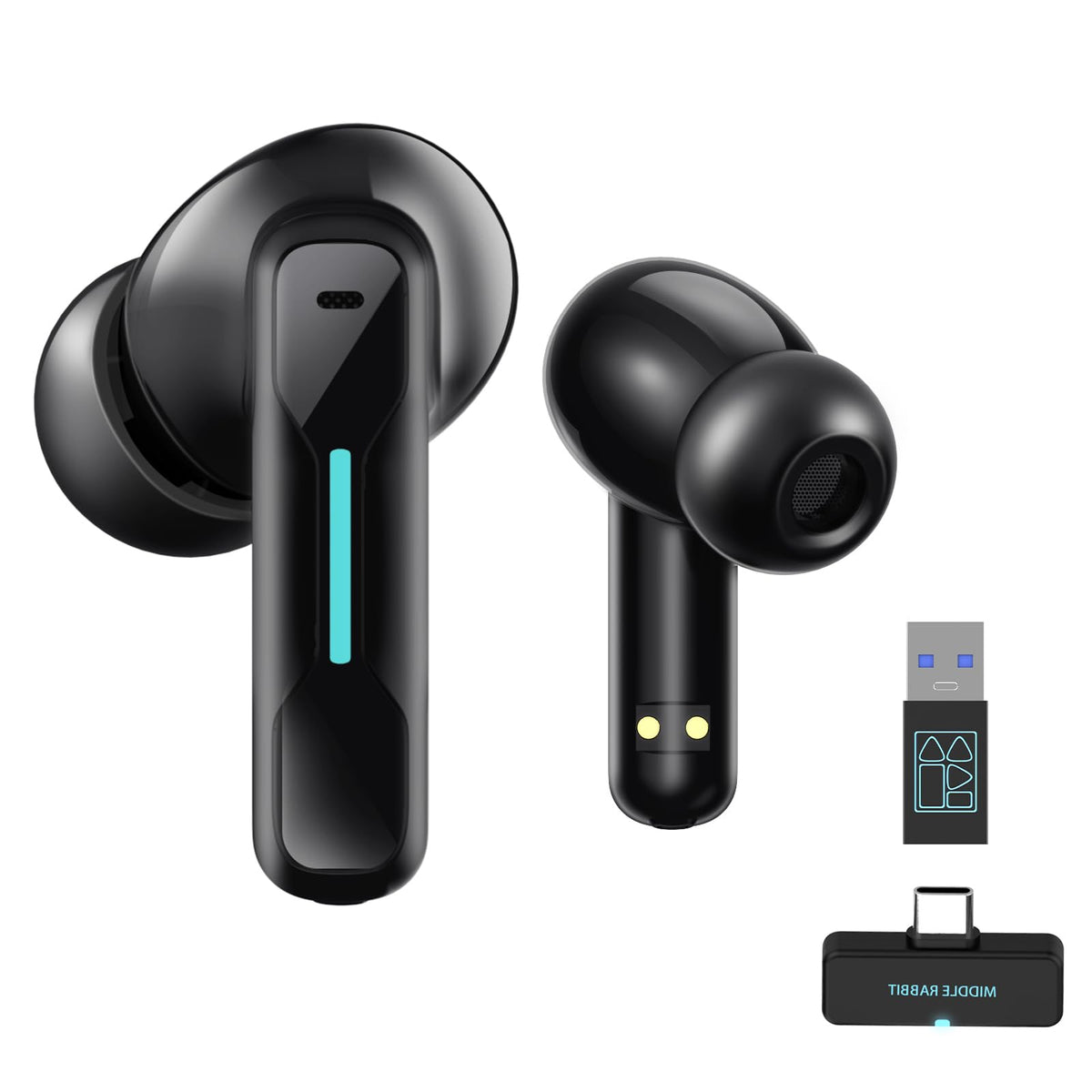 Middle Rabbit front packaging showing earbuds and dongle for easy identification