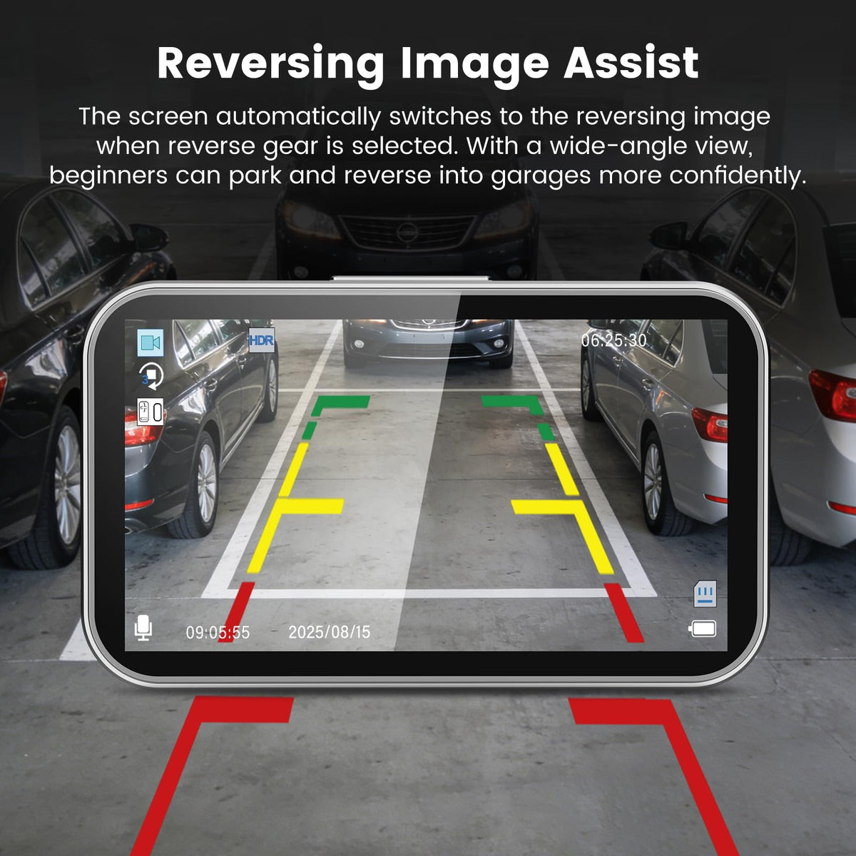 Miden 2-Channel Dash Cam dashboard display shows quick playback and review.