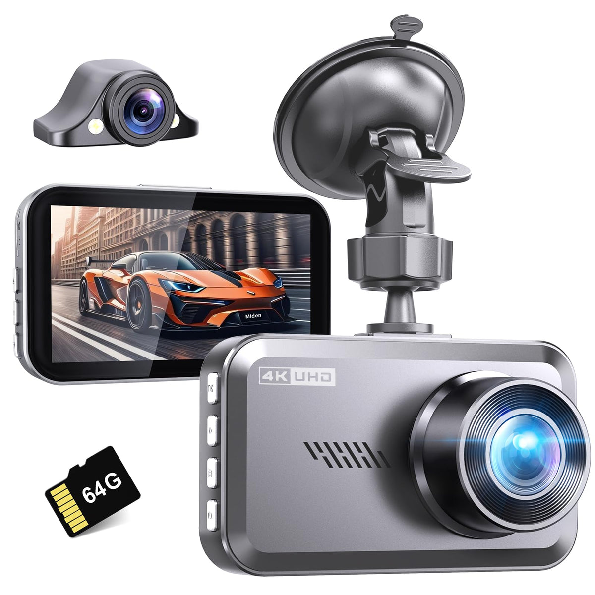 Miden 2-Channel Dash Cam front camera captures front view for clear incident evidence.