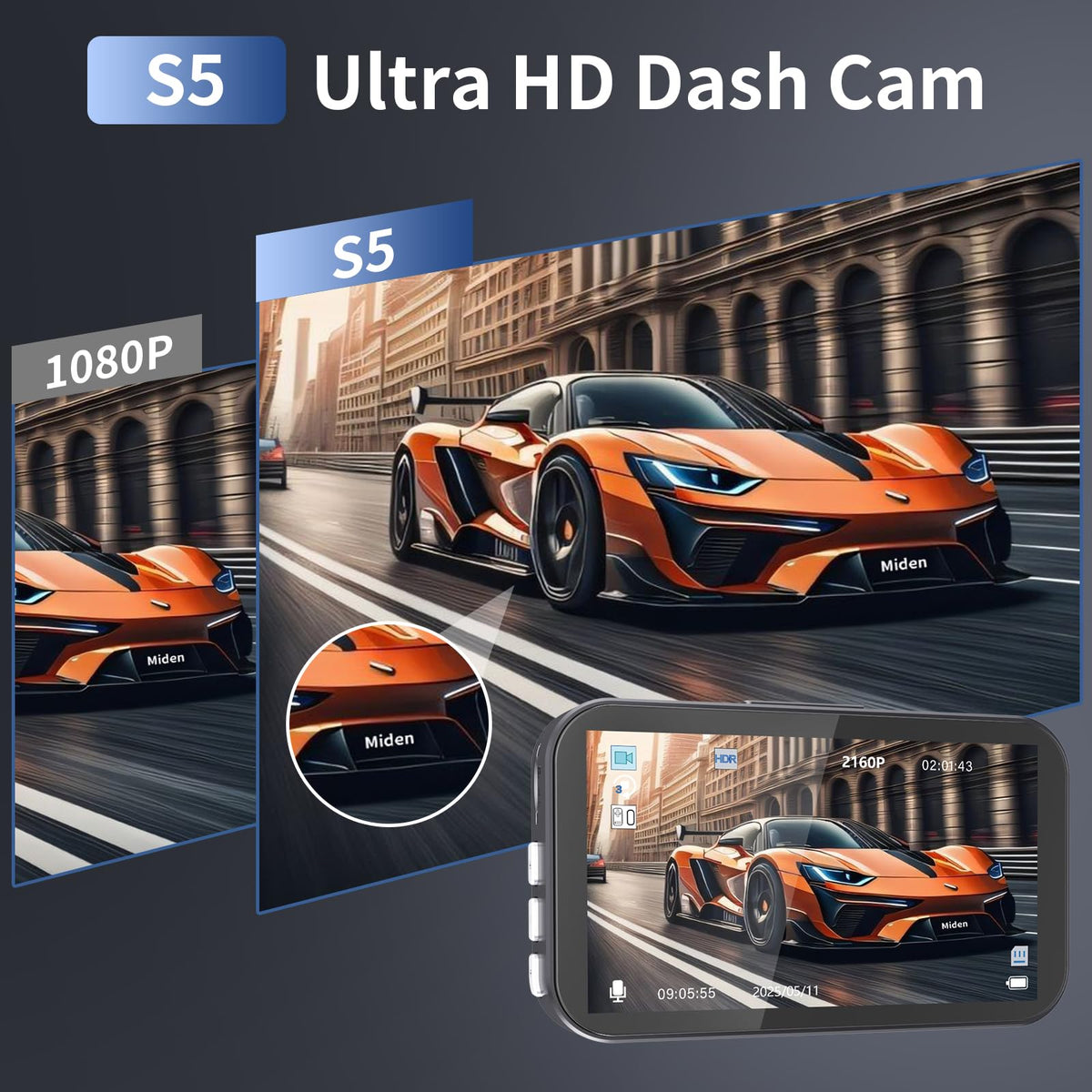 Miden 2-Channel Dash Cam packaging and accessories for easy setup.