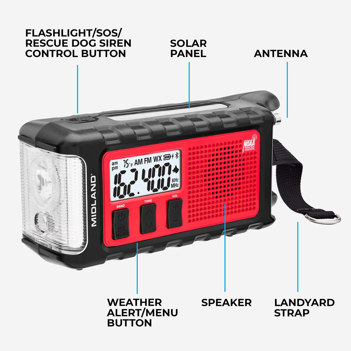 Midland ER310PRO Bluetooth streaming with weather radio, perfect for entertainment and staying informed outdoors.