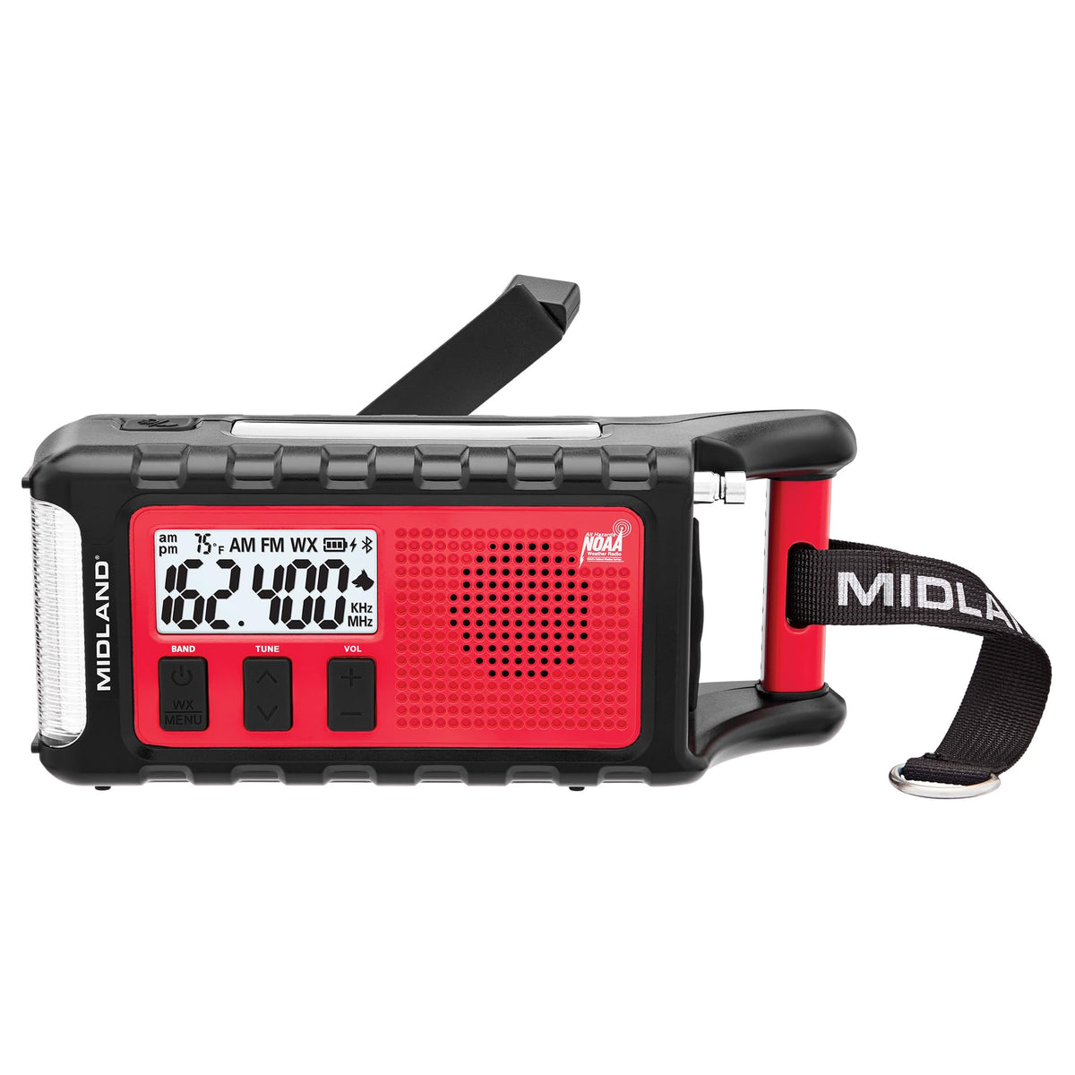 Midland ER310PRO front view, rugged emergency radio ready to provide weather alerts and USB charging on the go.
