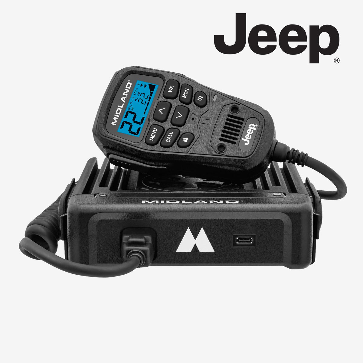 Midland MXT575J with external control microphone for hands-free vehicle use.