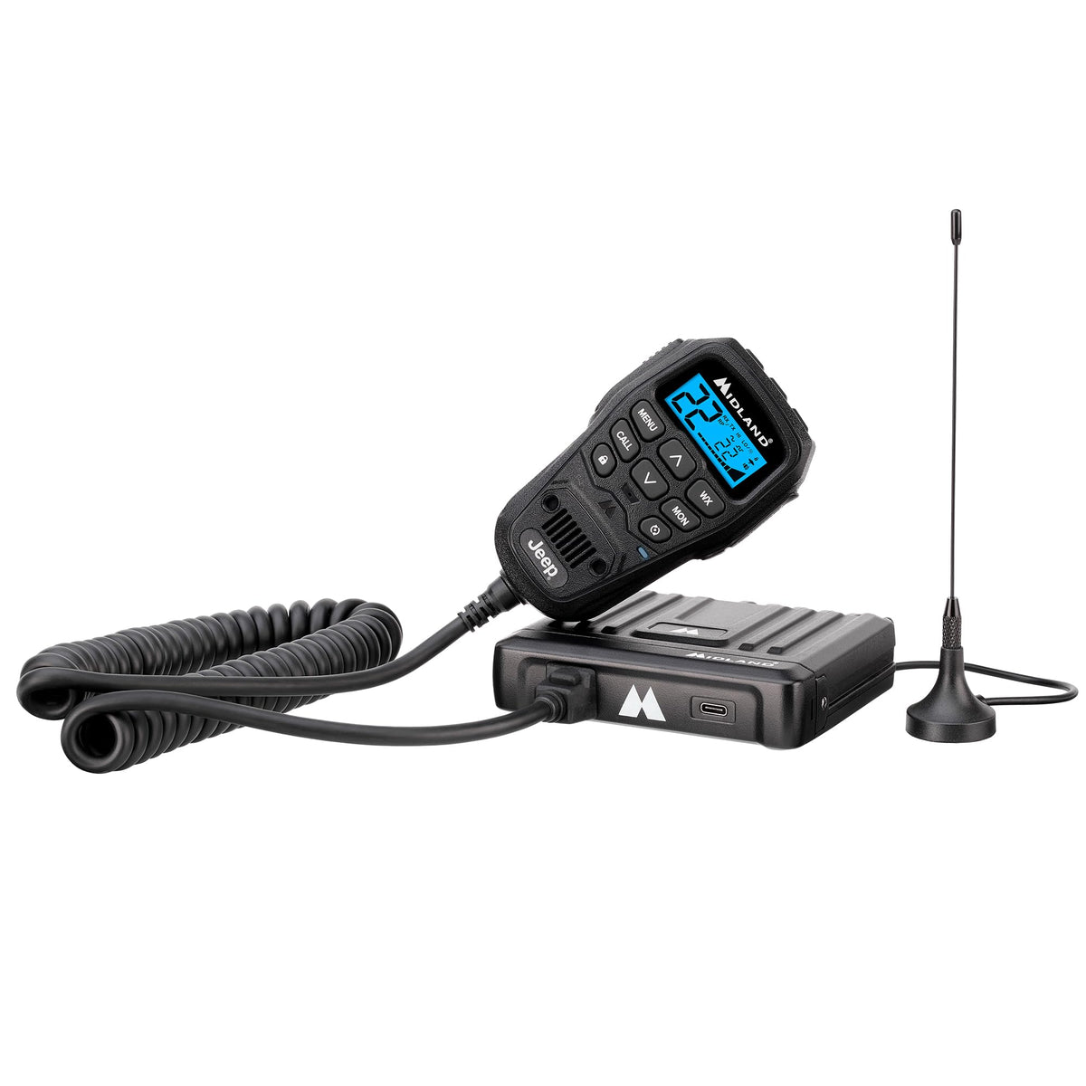 Midland MXT575J external magnetic mount enables quick, secure vehicle installation.