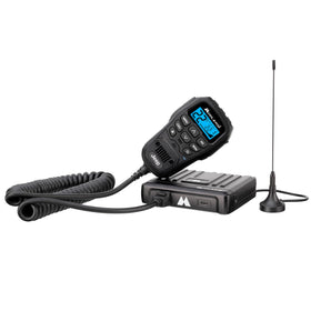 Midland MXT575J external magnetic mount enables quick, secure vehicle installation.