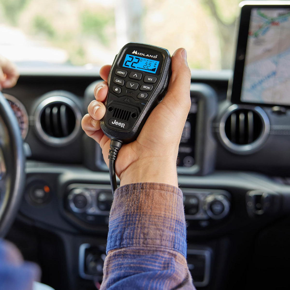 Midland MXT575J repeater-capable GMRS radio for extended range on trails.