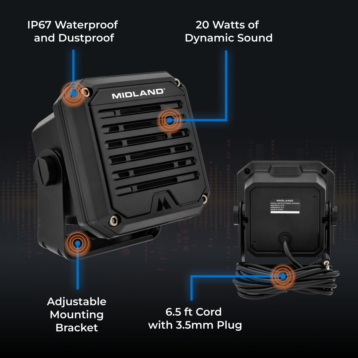 Midland SPK100 3.5mm audio plug for easy connections.