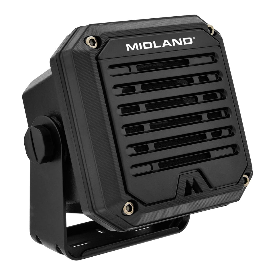 Midland SPK100 external speaker with a 6.5 ft cable for flexible placement.