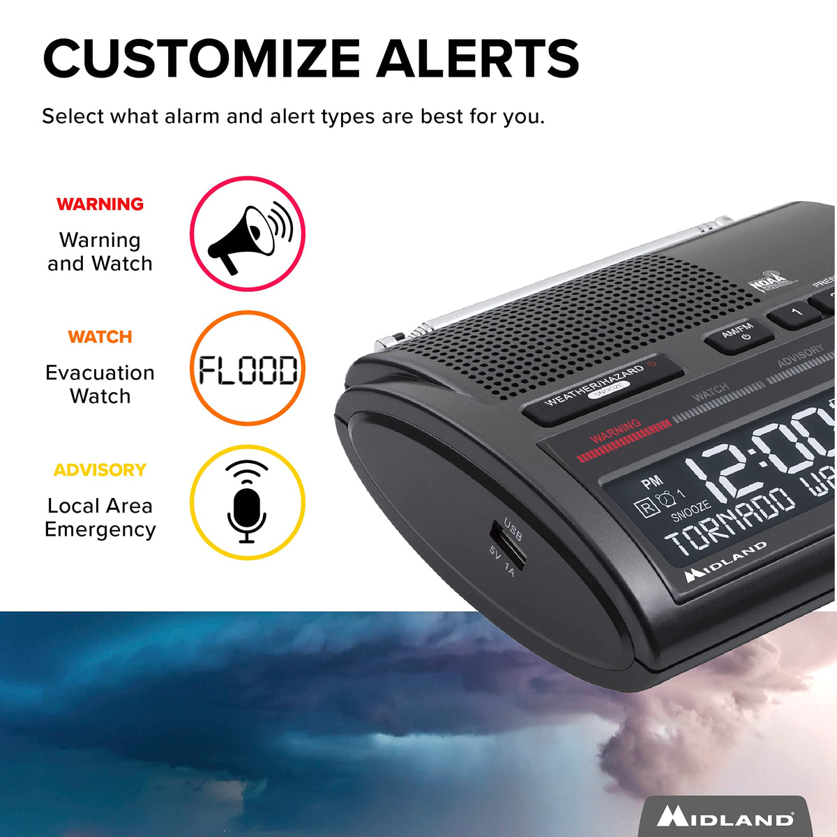 Midland WR400 operates on four AA batteries for outages