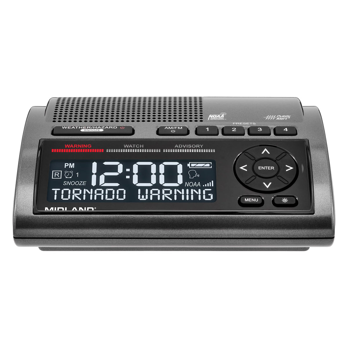 Midland WR400 front view with built‑in clock and AM/FM dial