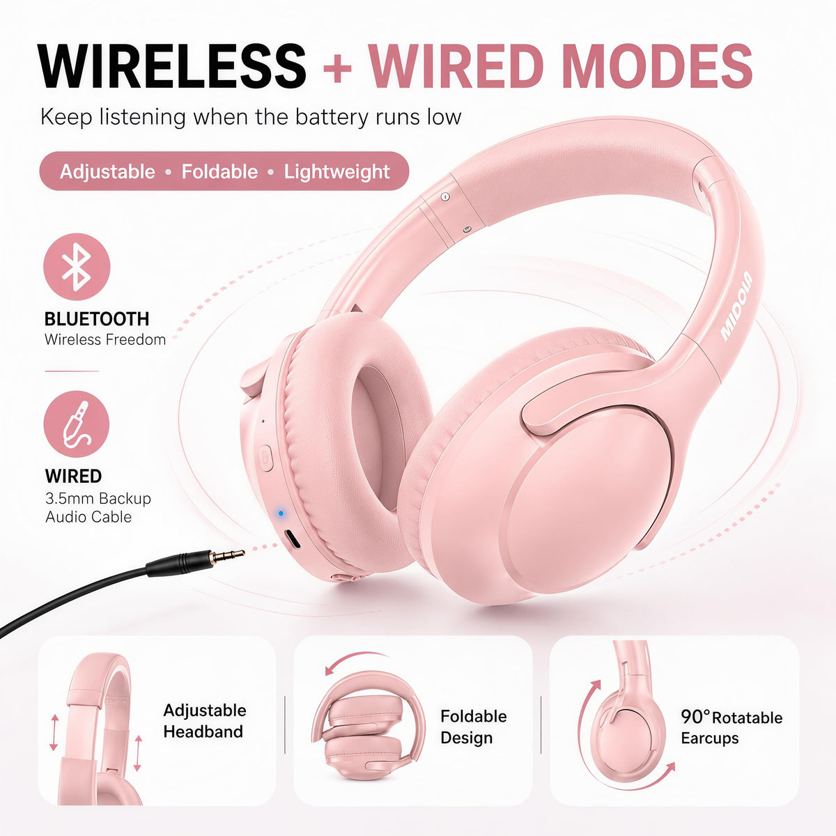 MIDOLA adjustable-headband pink headphones fit various head shapes for a secure feel