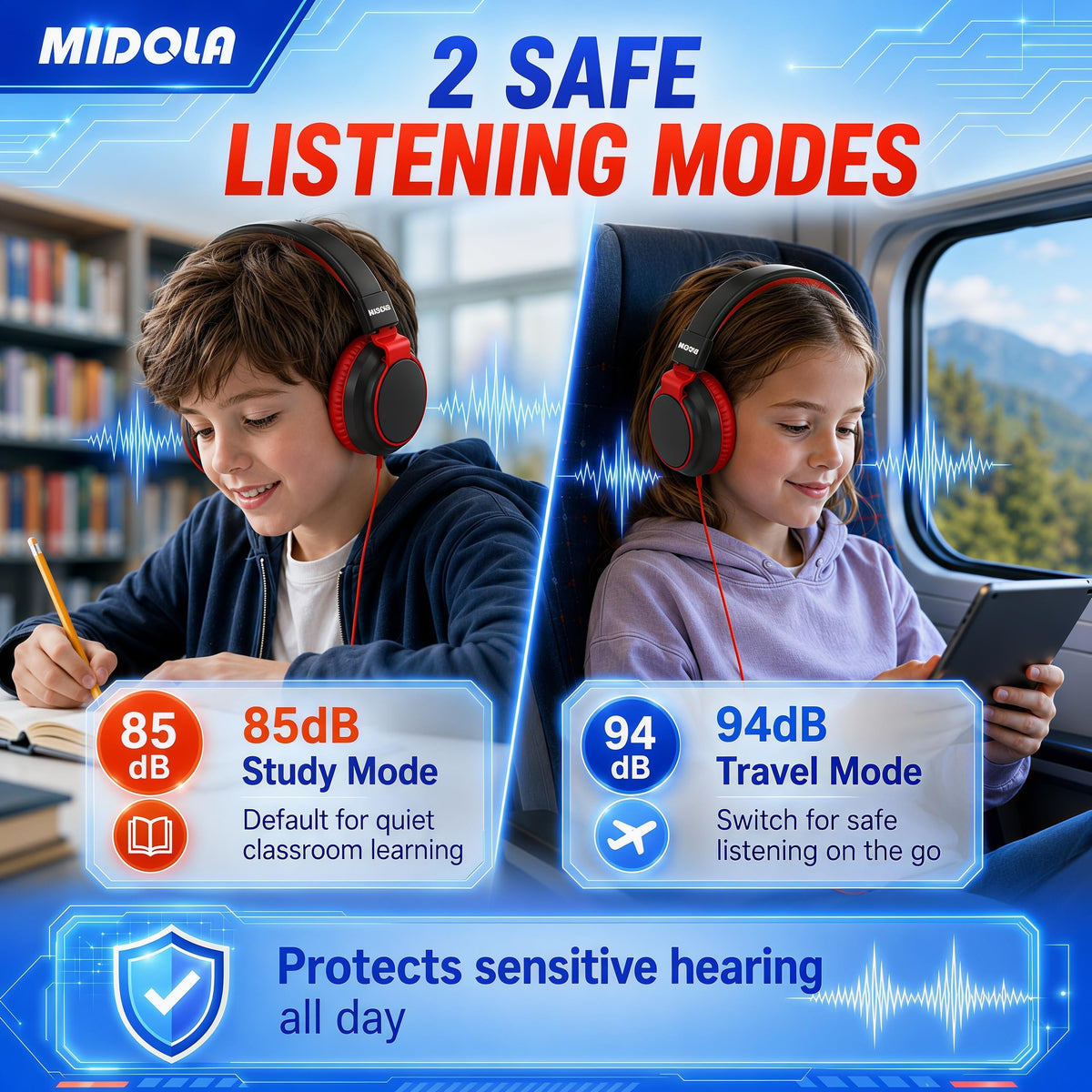 MIDOLA back-to-school headphones ideal for daily commutes and classroom use