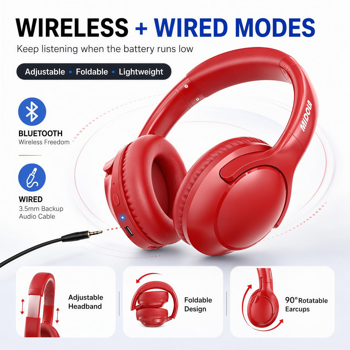 MIDOLA headphones with 3.5mm wired option for reliable use when wireless isn't available.