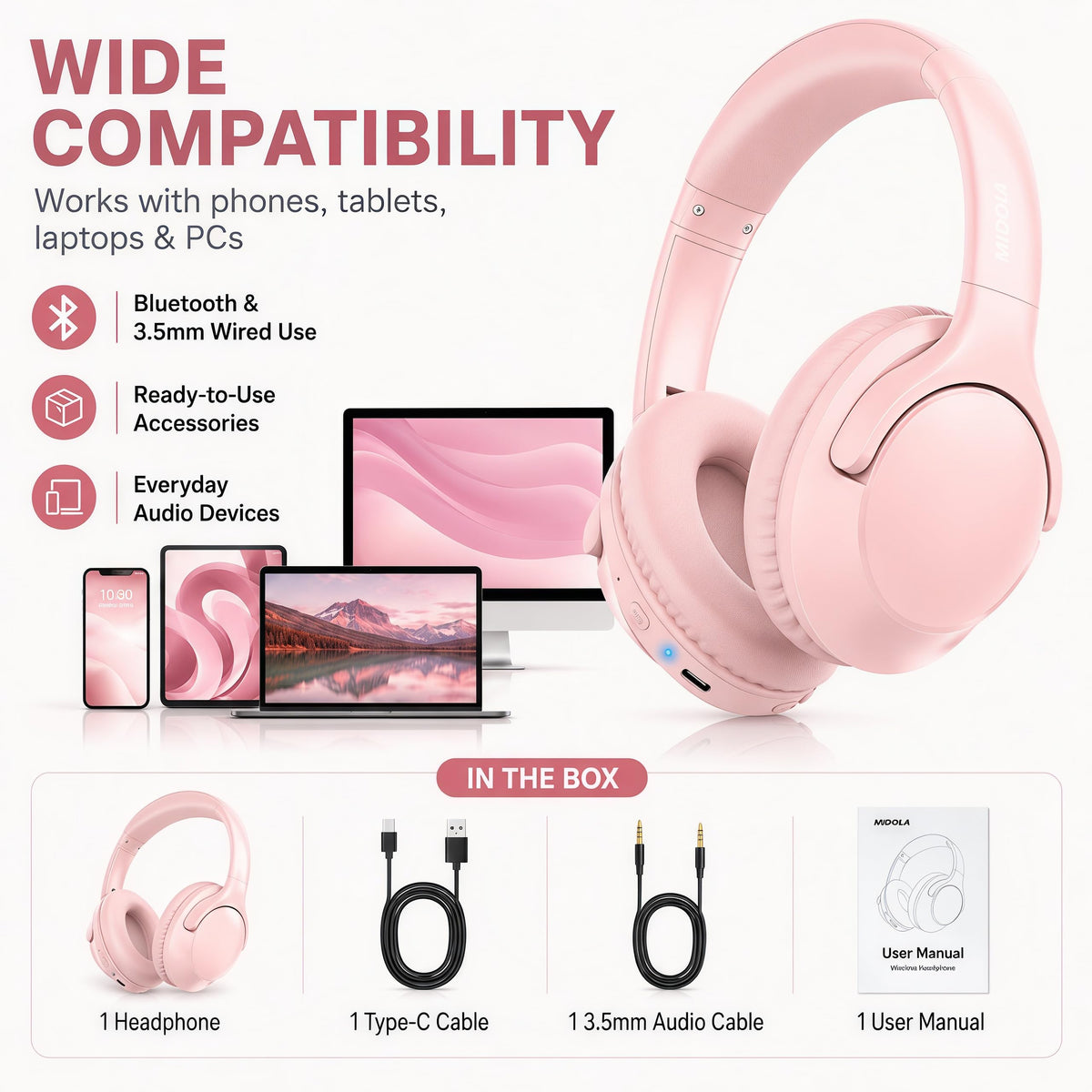 MIDOLA bluetooth-range-10m pink keeps you connected across rooms