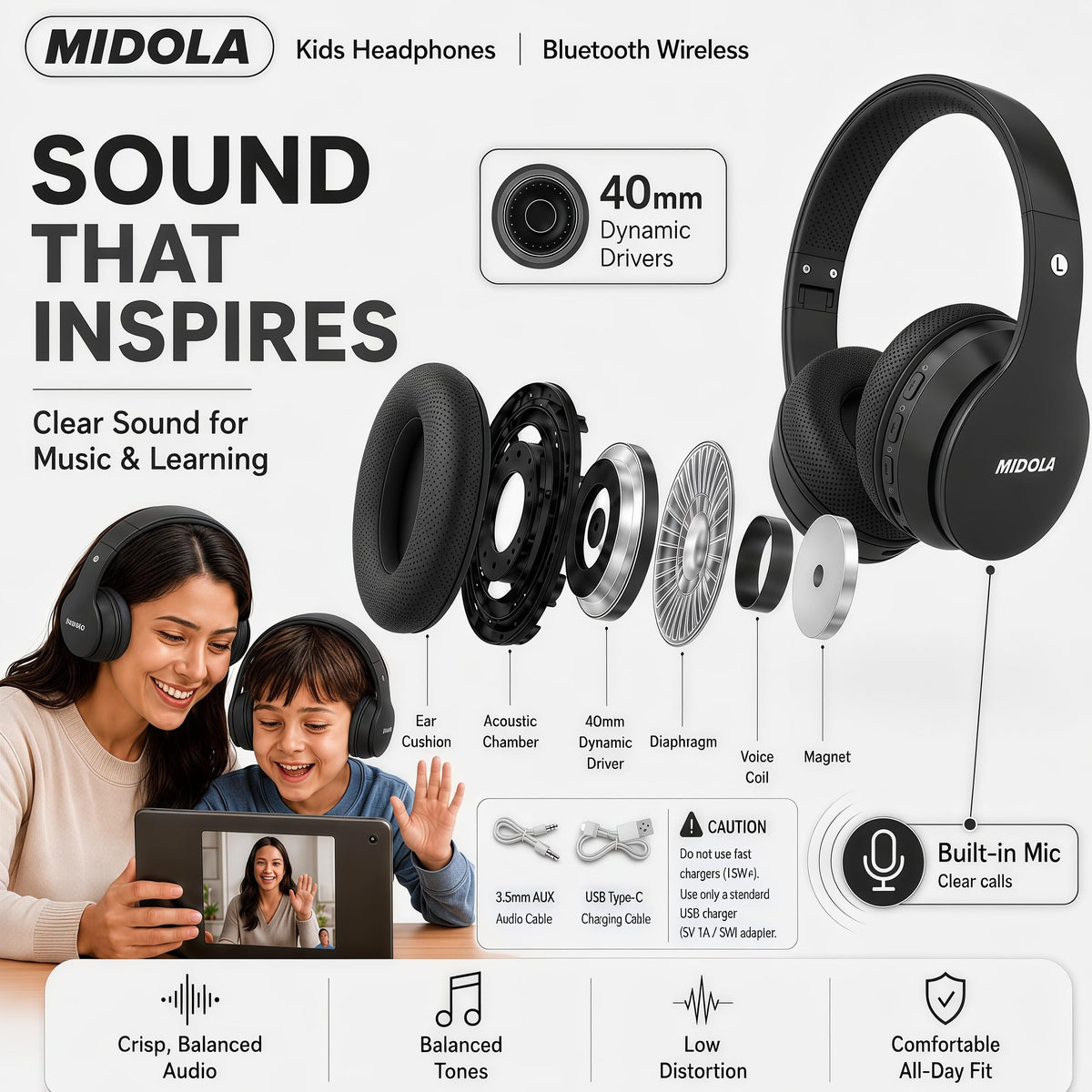 MIDOLA comfortable cushions and adjustable headband for growing kids