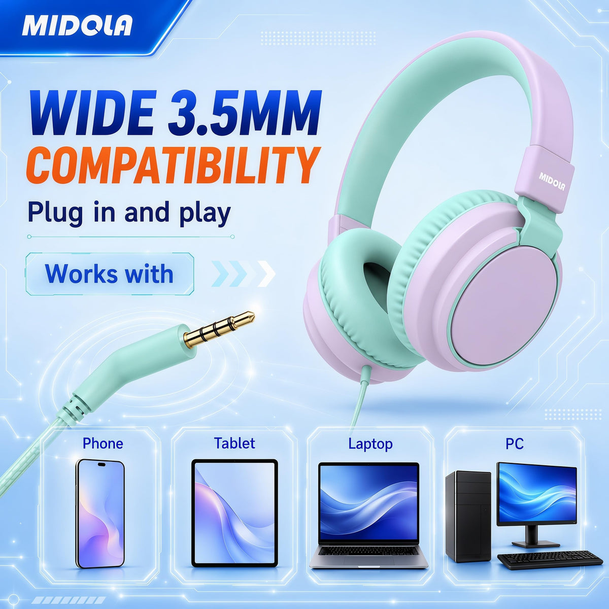 MIDOLA Headphones 40mm drivers deliver clear sound for study and play.