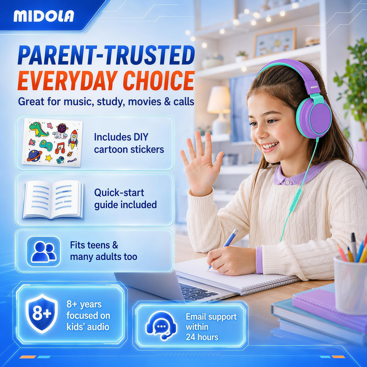 MIDOLA 40mm drivers deliver clear sound for lessons and games