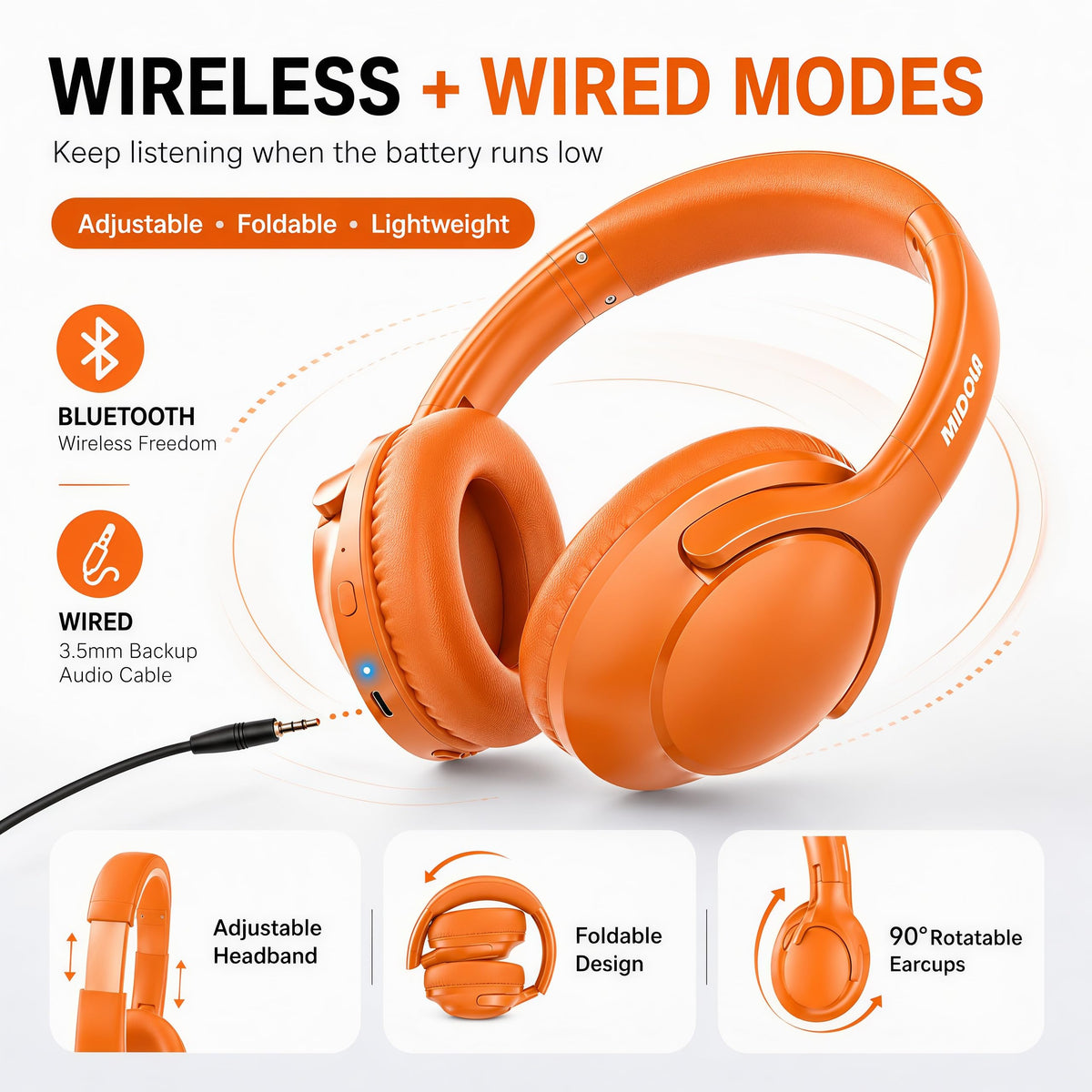 MIDOLA headphones with six EQ modes delivering rich bass and clear vocals
